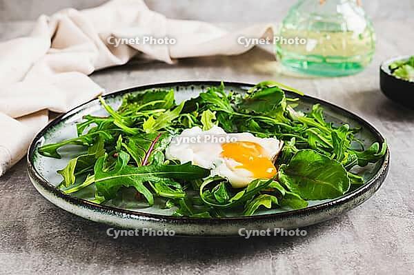 Poached egg in arugula and chard leaves on a plate on a table [IBR123629690]