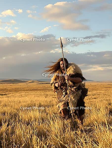 AI generated image showing an archaic huntsman in savannah ambiance [IBR123638291]