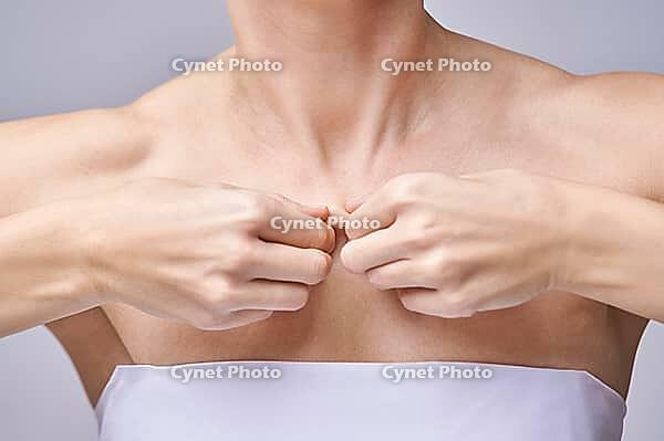 Pure skin care mature beauty portrait. Self massage. Cosmetology plastic foundation. Anti wrinkle senior cream. Elegant Hands near female head. Medical treatment clinic. Woman nature makeup [IBR123638367]