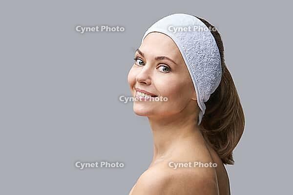 Pure skin care mature beauty portrait. Cosmetology plastic foundation. Anti wrinkle senior cream. Elegant Hands near female head. Medical treatment clinic. Woman nature makeup [IBR123638389]