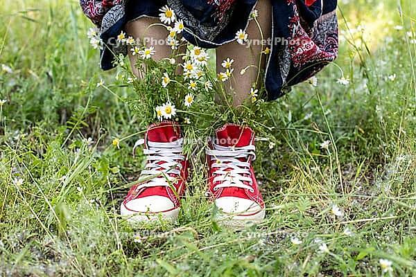 Upturned skirt and naked legs in red shoes with a bouquet of white camomiles in green grass. Summer concept [IBR123639490]