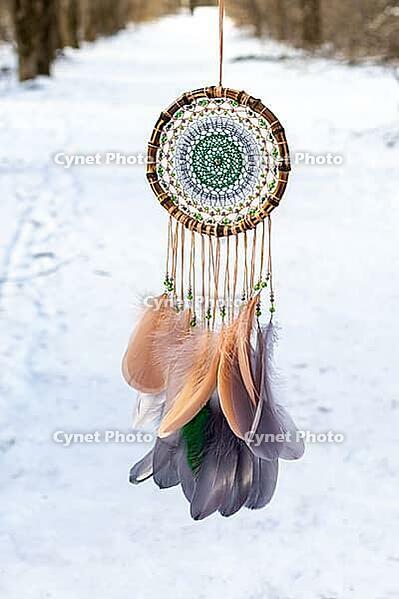 Dream catcher with feathers threads and beads rope hanging. Dreamcatcher handmade [IBR123639537]