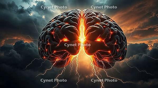 Two glowing hemispheres of the brain illuminate from within, surrounded by intense weather, dark clouds, and abstract neural connections representing thought and creativity. AI generated [IBR123641825]