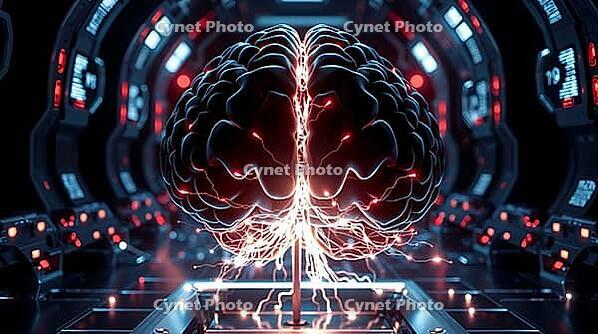 A human brain is vividly depicted as a complex network glowing with red and orange lights, set in a high-tech environment filled with intricate details and glowing interfaces. Concept of using AI in conspiracy theories, manipulations, and fake news. AI ge [IBR123641826]