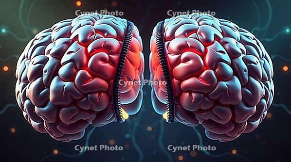 Unzipped pink brain hemispheres show neural connections with iridescent hues and lens glow lighting. Simple shapes and patterns emphasize the complexity of cognitive functions and connections. AI generated [IBR123641827]