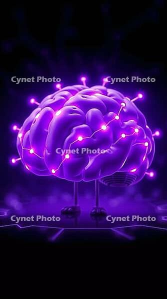 A vivid purple brain supported by legs made of glowing connections showcases a blend of technology and creativity. The luminous connections highlight neural activity and innovation. AI generated [IBR123641832]