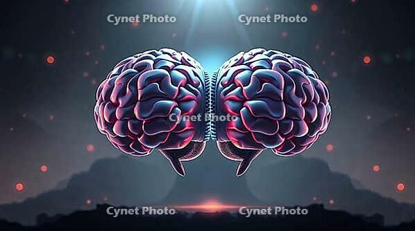 Iridescent brain hemispheres zipped together illustrate neural connections, against fantasy glowing sky with glowing red star lights. AI generated [IBR123641833]