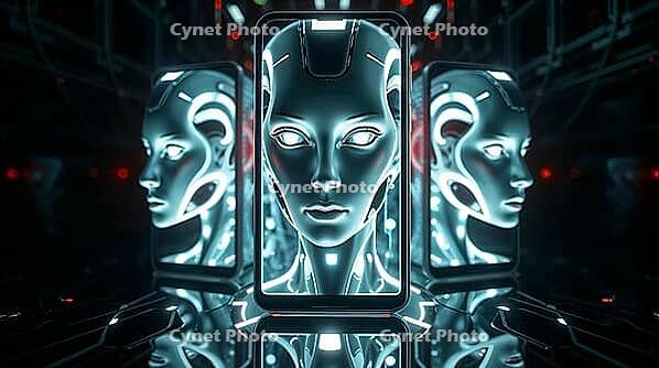 Glowing humanoid AI figures with striking features appear on phone screens, creating a futuristic atmosphere surrounded by a cinematic digital landscape filled with vibrant colors. Concept of using AI in conspiracy theories, manipulations, and fake news.  [IBR123641836]