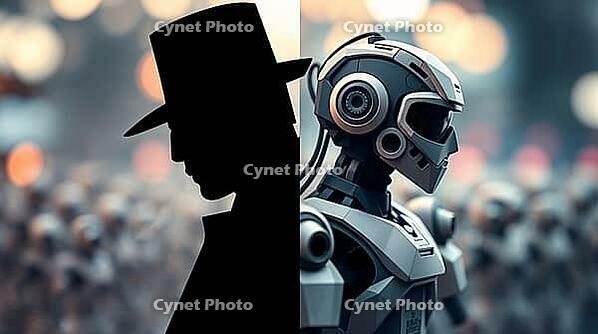 A silhouette of a man in a hat contrasts with a detailed robotic head, a concept of using AI in conspiracy, manipulations, and fake news. The background features indistinct figures, suggesting a futuristic, crowded environment with lighting effects. AI ge [IBR123641837]