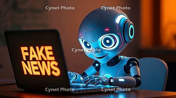 A glowing AI powered robot sits at a table, actively typing on a laptop. The room is dimly lit, highlighting the screen that displays the phrase fake news prominently as it creates misleading content. AI generated [IBR123641838]