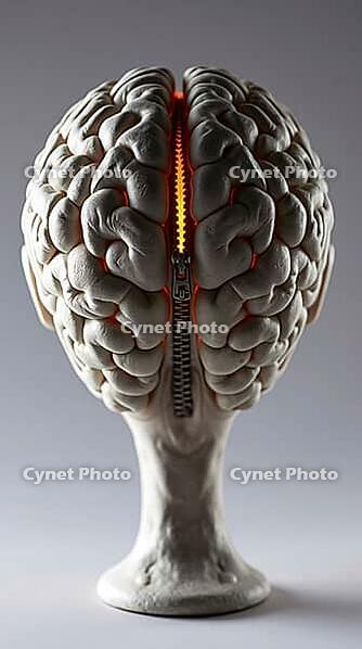 A captivating sculpture features a woman's brain with two hemispheres joined by a zipper. Backlit to create a stunning silhouette, the artwork explores the connection between thoughts and identity. AI generated [IBR123641839]
