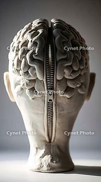 A captivating sculpture features a man's brain with two hemispheres joined by a zipper. Backlit to create a stunning silhouette, the artwork explores the connection between thoughts and identity. AI generated [IBR123641840]