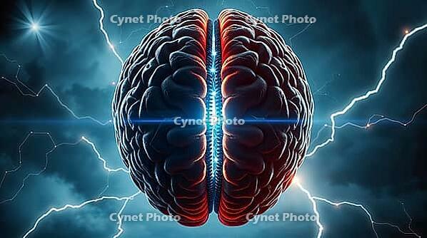 Two glowing zipped-up brain hemispheres of the brain illuminate from within, surrounded by intense weather, dark clouds, and abstract neural connections representing thought and creativity, the concept of neural connections. AI generated [IBR123641841]