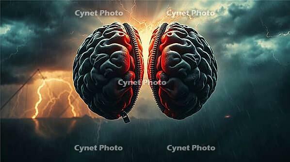 Dramatic cinematic style captures unzipped brain hemispheres symbolizing neural connections amidst intense stormy weather. AI generated [IBR123641842]