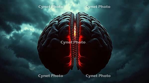 Visual metaphor of zipped up brain hemispheres glowing from the inside, under a turbulent stormy sky, dark moody colors. AI generated [IBR123641843]