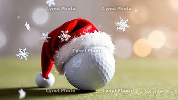 A golf ball wearing a red Santa hat sits on a green golf course. Snowflakes float around, creating a cheerful winter holiday atmosphere, copy space on the side. AI generated [IBR123641844]