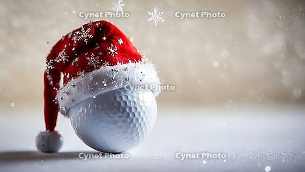 A golf ball wearing a red Santa hat, adorned with snowflakes, during snowfall at the Christmas and New Year holiday season. AI generated [IBR123641845]