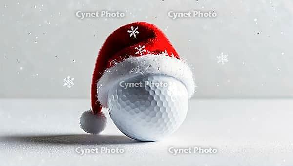 A cheerful golf ball is adorned with a festive red and white Santa hat, sitting on a surface with a snowy backdrop. Snowflakes gently fall, adding to the holiday spirit. AI generated [IBR123641846]