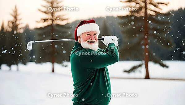 A jolly elderly man dressed as Santa Claus swings a golf club on a snowy course surrounded by pine trees. He wears a green sweater and a festive hat, smiling widely in the winter scenery. AI generated [IBR123641847]