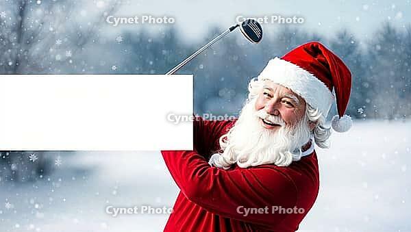 Happy Santa Claus enjoys a day of golf on a snowy Christmas morning with a cheerful smile. AI generated [IBR123641848]