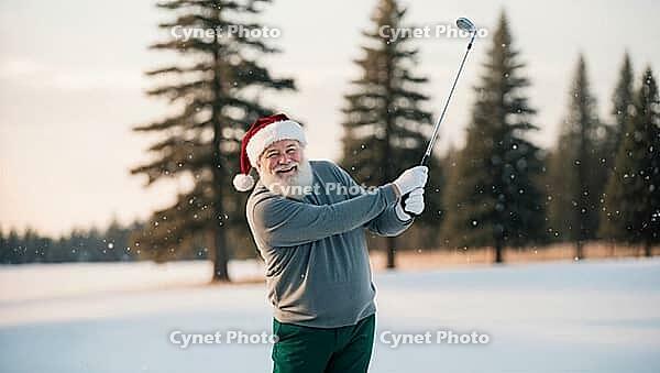 Santa swings his golf club on a snowy course at Christmas, wearing a red hat and cozy casual everyday clothes. Pine trees stand tall in the background, creating a festive winter setting. AI generated [IBR123641849]