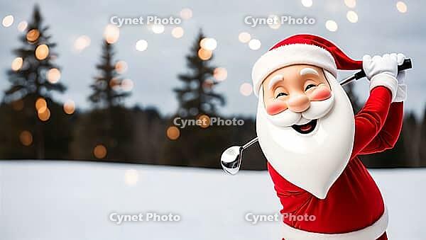 Santa Claus dressed in his traditional red suit and hat smiles while swinging a golf club in a snowy landscape. Evergreen trees stand in the winter landscape background with festive lights twinkling and copy space. AI generated [IBR123641850]
