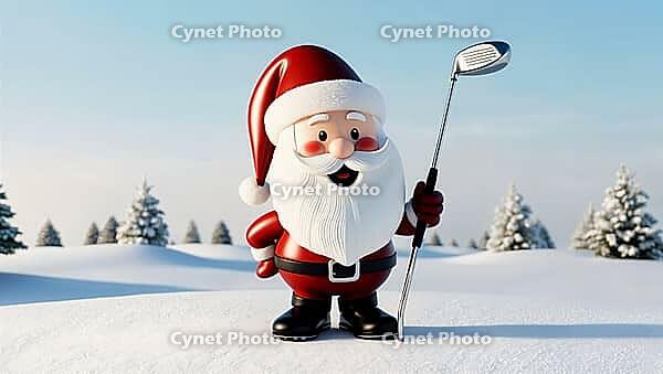 Cartoon Santa Claus stands happily on a snowy field, holding a golf club. The landscape features snow-covered ground and evergreen fir trees in the background, highlighting the winter season. AI generated [IBR123641851]