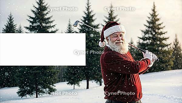 Santa Claus, wearing a red sweater and hat, joyfully holds a golf club in a snowy landscape. Evergreen trees surround him, creating a cheerful holiday atmosphere. Christmas card with blank white copy space for text or personalized messages. AI generated [IBR123641852]