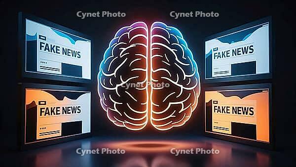 A vibrant depiction of an AI brain illuminates the darkness, with glowing screens surrounding it with fake news titles, the role and impact of AI and technology. AI generated [IBR123641853]