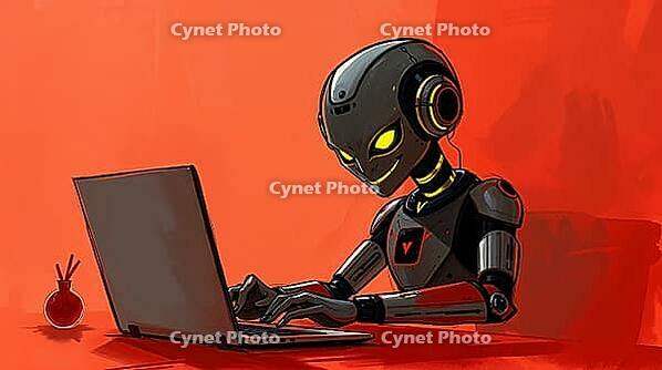 An AI robot with a mischievous expression is intently typing on a laptop at a desk. The warm red orange background adds to the vibrant atmosphere as it spreads fake news online. AI generated [IBR123641854]