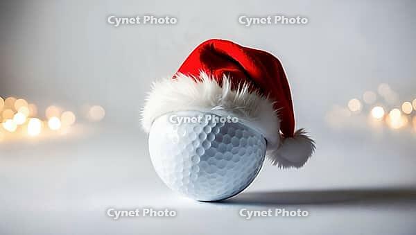 A golf ball decorated with a red Santa hat sits on a light surface. Soft holiday lights twinkle in the background, adding a festive touch to the scene. AI generated [IBR123641855]