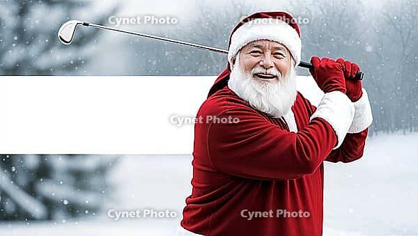 A New Year and Christmas card featuring Santa Claus, dressed in his classic red suit, swings a golf club in a snowy winter landscape during snowfall, with white blank copy space for text. AI generated [IBR123641856]