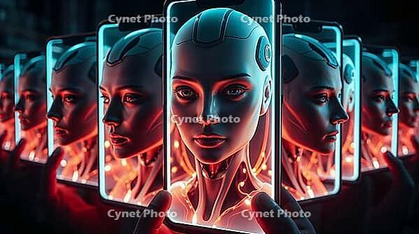 Humanoid AI figures with captivating features appear on glowing phone screens, creating a mesmerizing display of light and technology in a darkened setting. Concept of using AI in conspiracy theories, manipulations, and fake news. AI generated [IBR123641857]