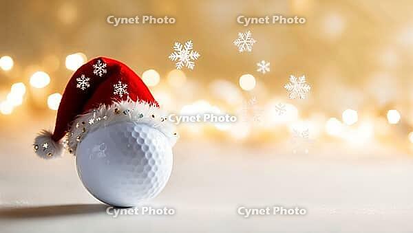 A white golf ball is topped with a red Santa hat, sitting against a soft, warm background with twinkling lights and floating snowflakes, in the festive winter holiday season. AI generated [IBR123641858]