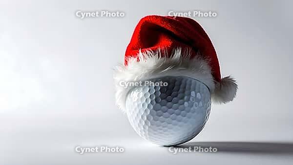 A golf ball wearing a bright red Santa hat, casting a shadow on a white background, creatively blends holiday cheer with the sport. This festive decoration adds a playful touch to golf during the winter season. AI generated [IBR123641859]
