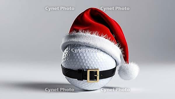 A golf ball wears a bright red Christmas hat with white trim and a black belt. This festive decoration brings a playful touch to the holiday season, blending sports and celebration. AI generated [IBR123641860]
