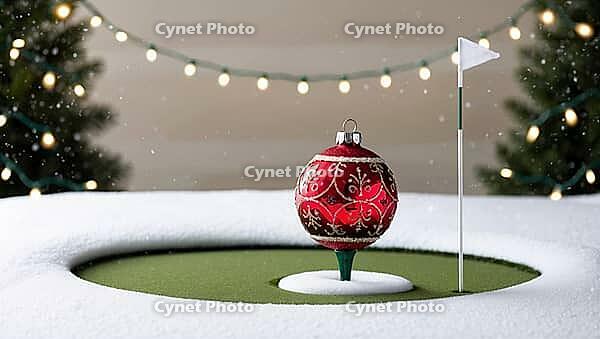 A red decorative ornament sits on a snowy putting green near a small flag. Strings of lights twinkle softly in the background, creating a festive atmosphere during winter holidays. AI generated [IBR123641861]
