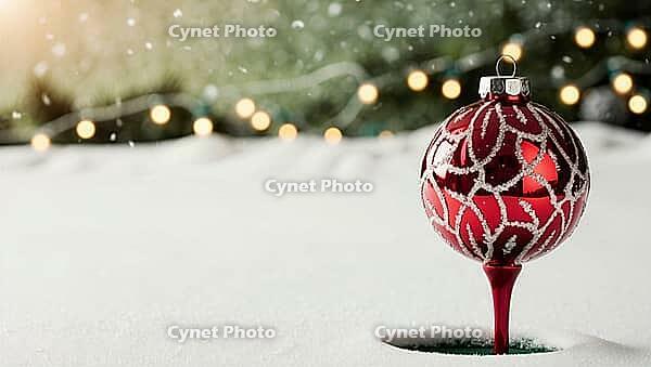 A bright red Christmas ornament ball bauble is placed in fresh snow on a snow-covered golf course. Soft glowing lights in the background. Snowflakes gently fall, creating a peaceful winter atmosphere during the evening. AI generated [IBR123641862]