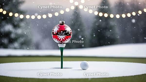 A festive Christmas or New Year golf scene features a colorful ornament resting on a tee in the snow. A golf ball sits nearby, with snow falling softly in a winter landscape. AI generated [IBR123641863]
