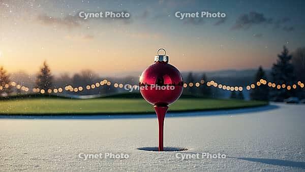 A red Christmas ornament sits on a golf tee, surrounded by snow. The sun sets in the background, casting a warm glow over the scene, with festive lights twinkling nearby. AI generated [IBR123641864]