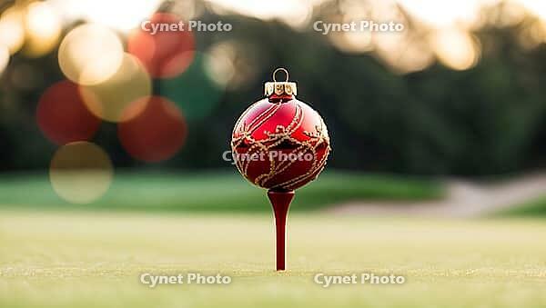 A holiday ornament stands on a golf tee on a lush green course. The sun sets in the background, casting a warm glow, blending festive vibes with the serene landscape. AI generated [IBR123641865]