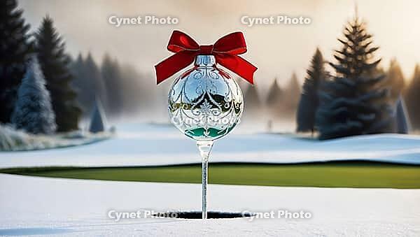 A festive glass Christmas ornament tied with a red bow on a golf tee on a snow-covered golf course. Frosty trees loom in the background, creating a winter wonderland scene. AI generated [IBR123641866]