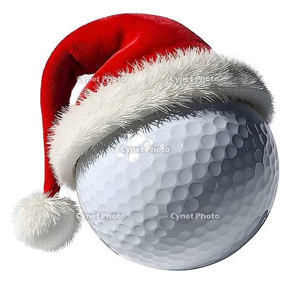 Playful golf ball adorned with a bright red Santa Claus hat on a plain white background, featuring white fuzzy trim at the base and a white fluffy pompom. This festive decoration combines holiday cheer with sports in a fun way. AI generated [IBR123641867]