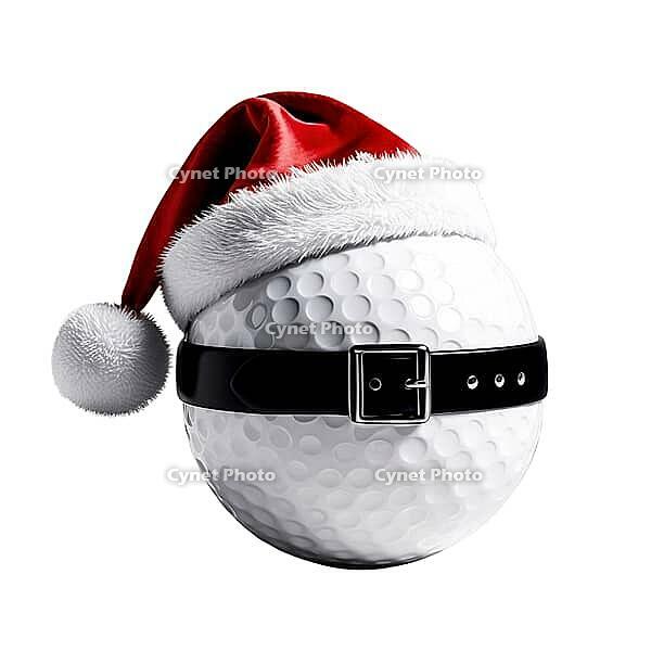 A golf ball wearing a red Santa hat and black belt on white background brings holiday cheer to the golf course, combining sport and celebration. AI generated [IBR123641868]