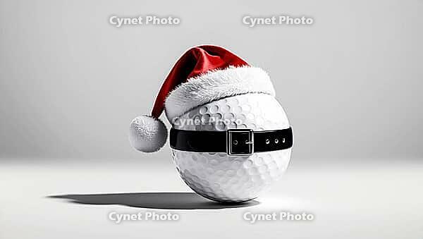 A golf ball wearing a Santa hat and black belt on a plain background. AI generated [IBR123641869]