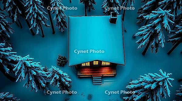 Overhead view of a cozy wooden log cabin nestled in a snowy forest at night. The warm glow from the windows creates a peaceful ambiance in the winter landscape. AI generated [IBR123641870]