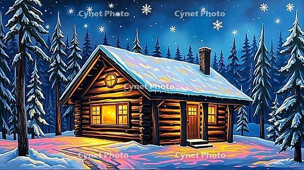 A cozy wooden log cabin stands in a snowy winter forest at night. The warm glow from the yellow windows contrasts with the cold, falling snowflakes and serene blue surroundings. Acrylic painting style. AI generated [IBR123641871]