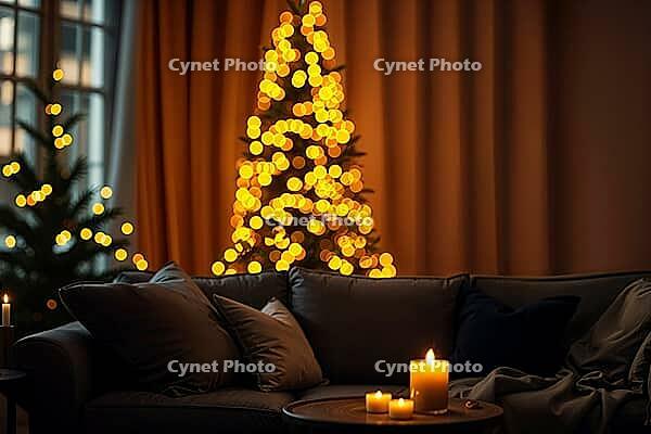 A warm living room features a Christmas tree adorned with twinkling lights. Candles flicker softly on a table, creating a cozy atmosphere perfect for the winter holiday season. AI generated [IBR123641872]