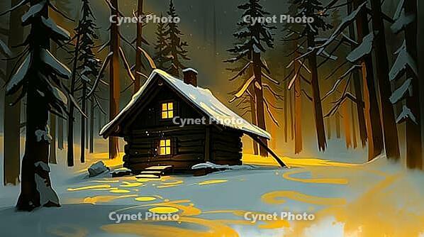 A cozy cabin in a snow-covered forest illuminated by a warm glow, creating a peaceful and serene winter atmosphere, painting style. AI generated [IBR123641873]