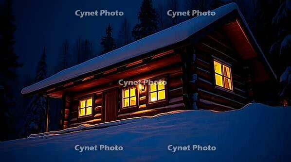 A wooden cabin stands peacefully in a snowy landscape at night in winter, illuminated by soft, warm light from its windows. Tall trees surround the cabin under the night sky. AI generated [IBR123641874]